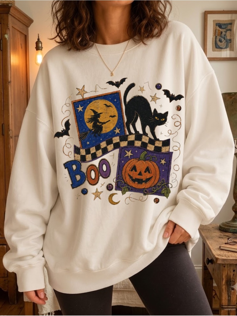Halloween Black Cat Graphic sweatshirt, Vintage Witch & Cat Ringer Sweatshirt